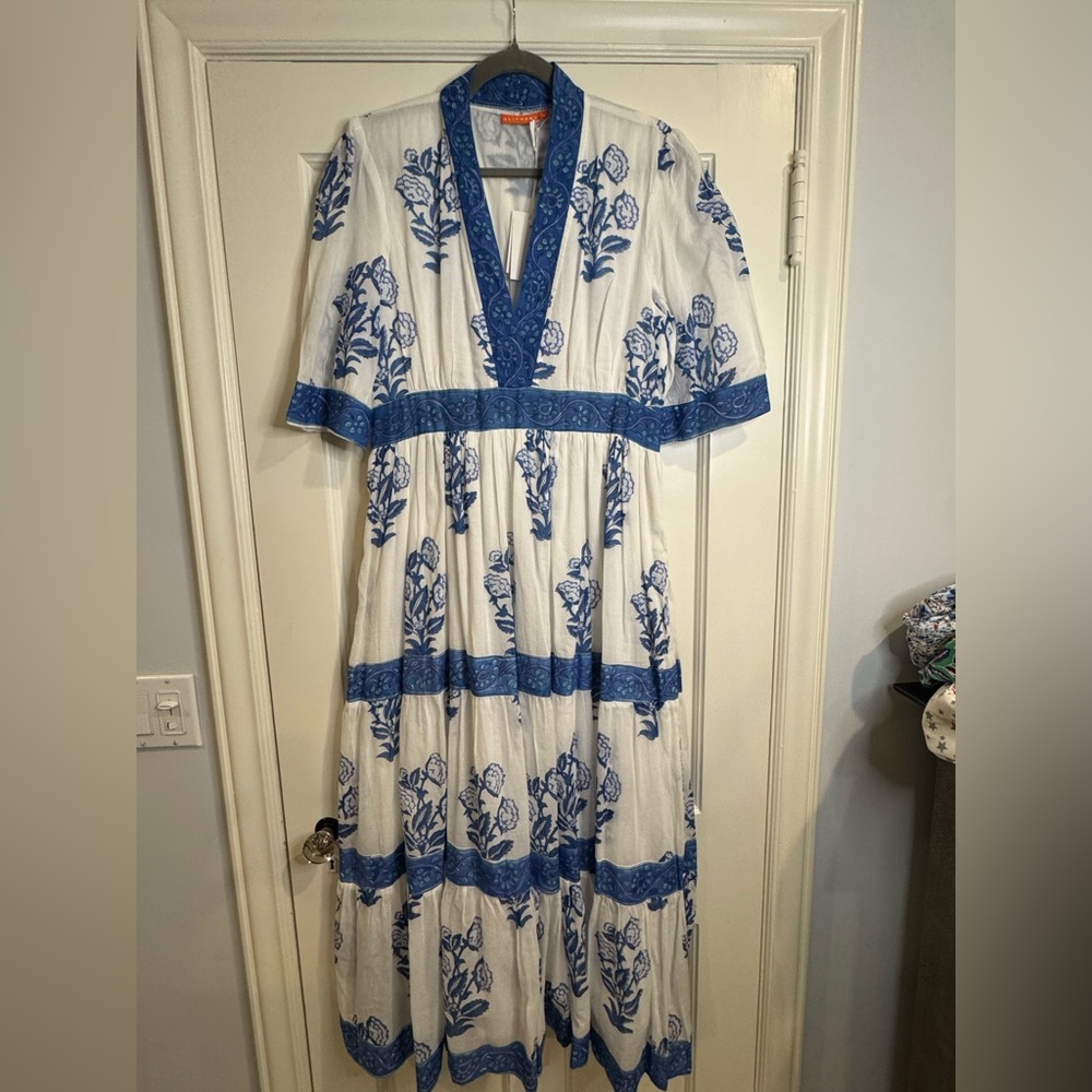 Oliphant White Maxi Dress with Blue Floral Print